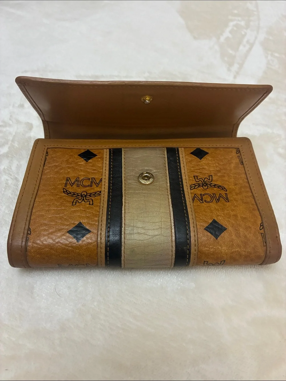MCM Tan Cognac & Black Leather Visetos Trifold Wallet with Cream Stripe
